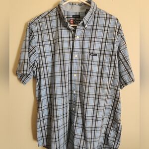 Chaps Easy Care Light Blue & Yellow Plaid Short Sleeve Button-Down Shirt